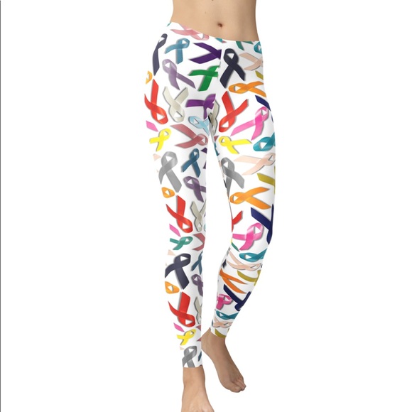 Qwazily Pants - Cancer Ribbon Leggings- White Medium NWOT Qwazily Pants - Cancer Ribbon Leggings- White Medium NWOT